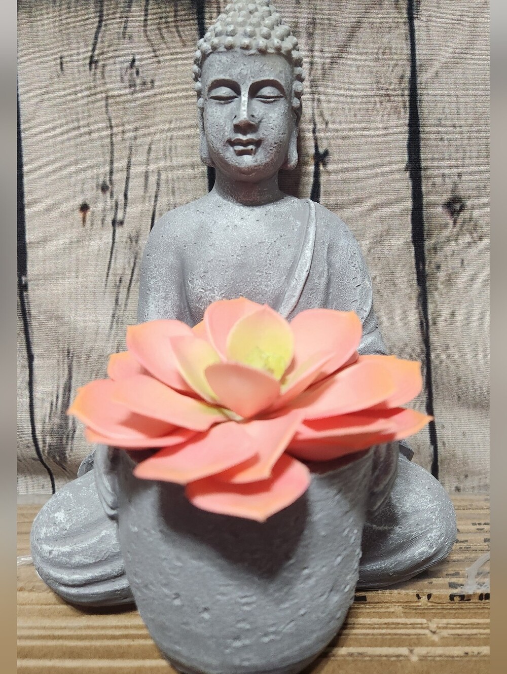 Zen Buddha Statue with Decorative Peach Flower